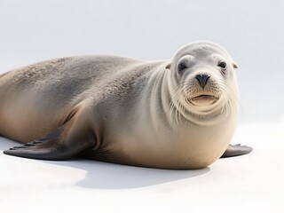 Fototapeta premium A sea lion with light fur is lying on a light background, showcasing its cute face and smooth skin.