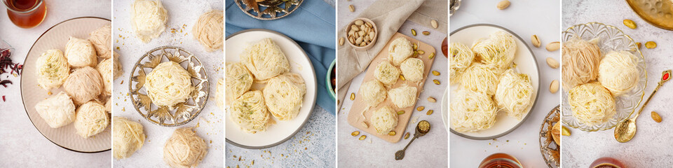 Collage of tasty Turkish Pismaniye on light background, top view