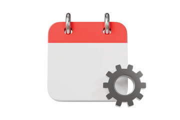 3d calendar with gears icon. scheduling automation concept. Minimal cartoon planner scheduler settings for SaaS landing and app banner. isolated on white background. 3d render.