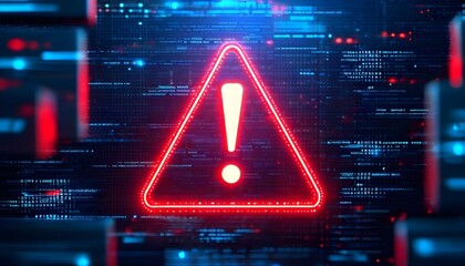 Red warning sign on a digital background with code.