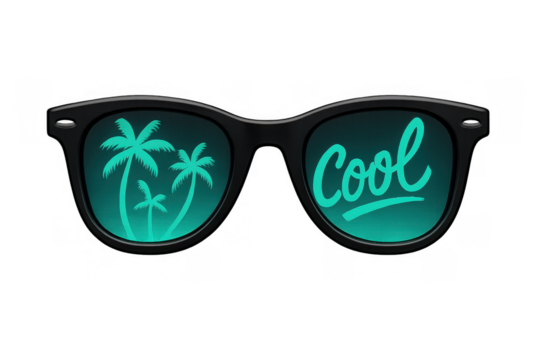 Sunglasses reflecting tropical palm trees and cool typography, creating a summer vacation concept on transparent background
