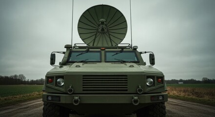 Fototapeta premium Rugged olive green military vehicle with large dish antenna on a dirt road, cloudy