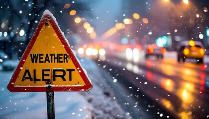 A weather alert sign on a snowy roadside warns of hazardous driving conditions at night with blurry traffic lights.