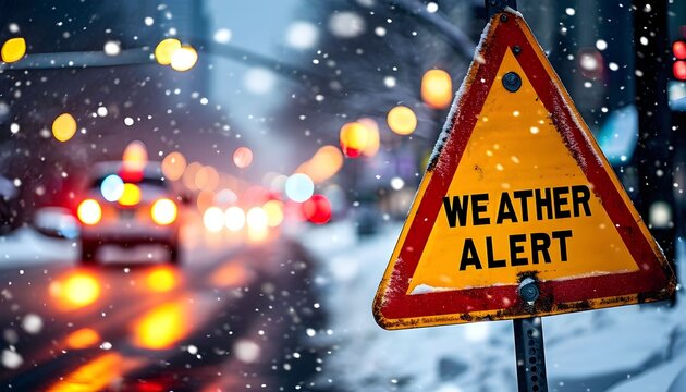 A yellow triangular 'WEATHER ALERT' sign stands on a snowy roadside with blurred car lights and falling snow in the background.