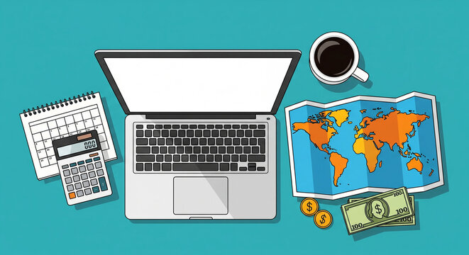 Global business planning with laptop, world map, calculator, calendar, coffee, and cash symbolizes international finance and strategic success