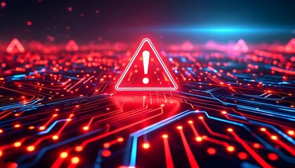 Digital danger alert symbolized by a glowing red warning icon on a futuristic circuit board.