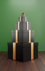 Gifts stack with golden ribbon isolated. Christmas present pile 