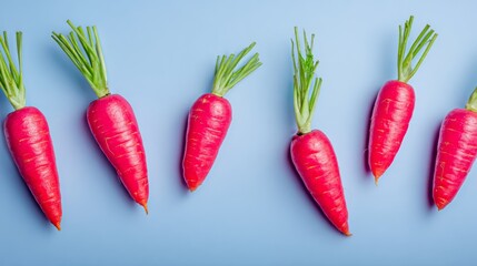 Naklejka premium Row of red carrots are lined up on a blue background. The carrots are all different sizes and are arranged in a neat row