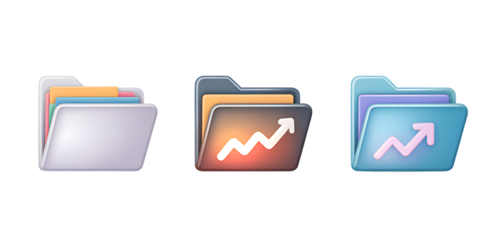 Stylized Folder Icons with Growth Arrows and Colorful Documents – Business and Data Organization PNG