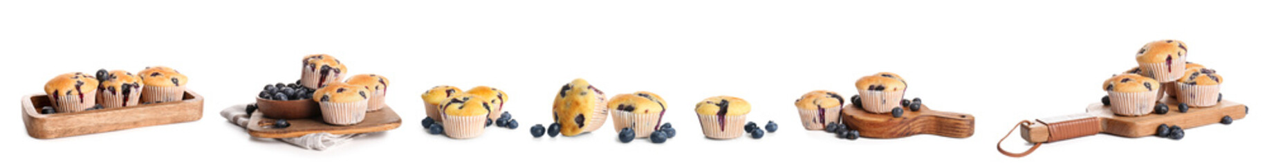 Collage of tasty blueberry muffins on white background