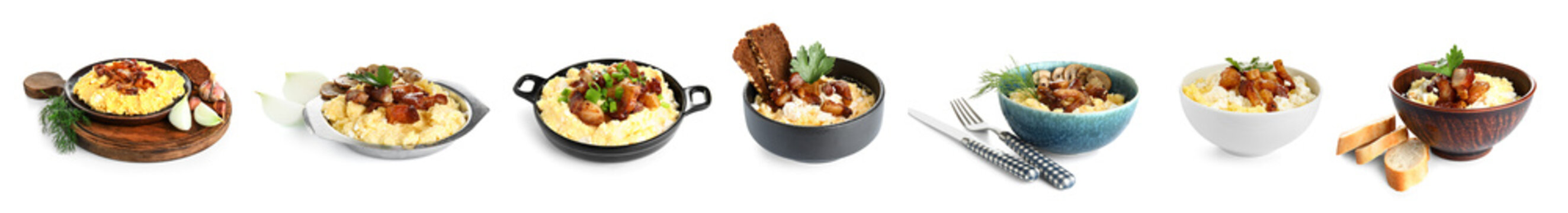 Collage of tasty Banosh dish on white background