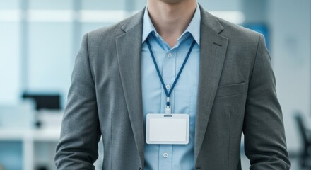Torso of a man in a grey suit and blue shirt, wearing a blank ID badge lanyard