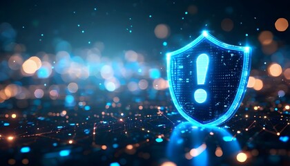 A glowing blue shield with an exclamation mark inside, symbolizing cybersecurity and digital protection against threats.