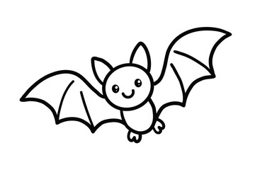 Vector Outline Style Cute Bat Icon Isolated on White Background. Halloween character illustration cartoon symbol graphic design. Black and White Minimal Style Bat Character Illustration.