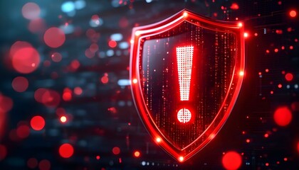 A glowing red shield with an exclamation mark inside, symbolizing cybersecurity and digital threats.