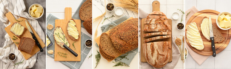 Collage of fresh bread with butter and spices, top view