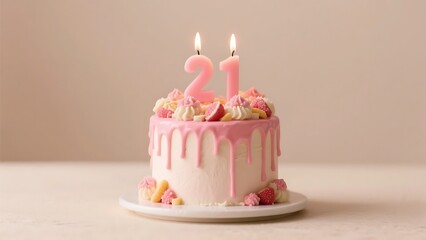 A beautifully decorated 21st birthday cake with pink icing, candles, and colorful toppings for a festive celebration.