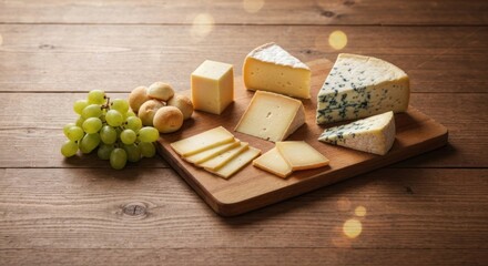 Variety of cheeses, green grapes, and bread rolls arranged on a rustic wood board
