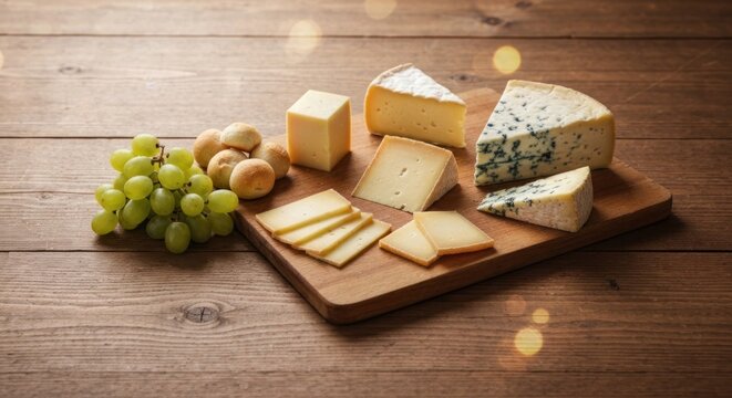 Variety of cheeses, green grapes, and bread rolls arranged on a rustic wood board - Powered by Adobe