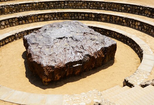 Close-up of the famous Hoba meteorite near Grootfontein, Namibia, Africa. The iron meteorite weighs up to 60 tonnes and struck the Earth 80,000 years ago.