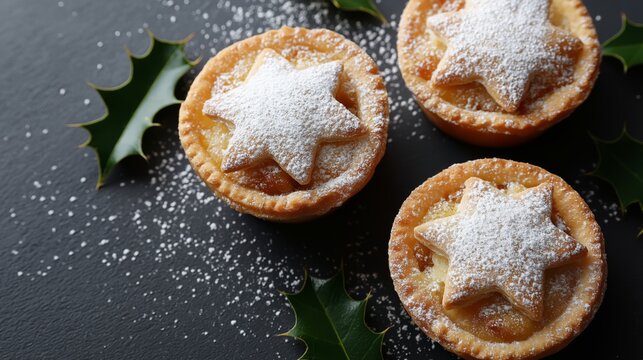 Festive still life of Christmas mince pies pastries filled with fruit and spice, set against a dark, moody background with copy space.
