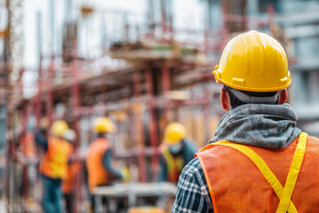 Construction worker wearing a hard hat and plaid shirt observes the ongoing activities at a building site. Various workers are engaged in construction tasks against a backdrop of scaffolding.
