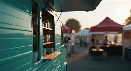 Vibrant teal food truck window open at bustling outdoor market with tents and patrons