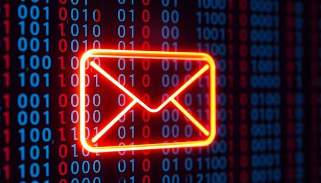 A glowing red email envelope icon superimposed on a background of red and blue binary code, symbolizing digital communication and cybersecurity.