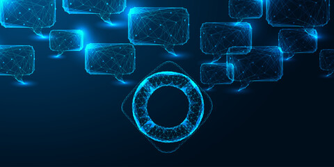 AI risk prevention and crisis communication with digital lifesaver ring and speech bubble network