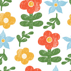 Floral Seamless Pattern. Hand-Drawn Crayon Ornament with Bright Flowers. Primitive Textured Drawing Doodle