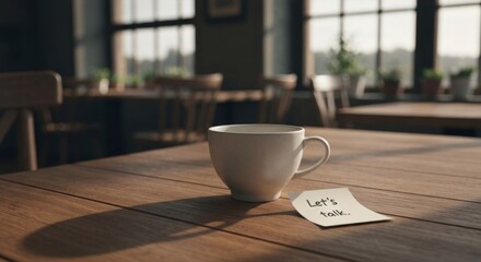 Fototapeta premium White ceramic mug & 'Let's talk' note on wooden table in sunlit, blurry cafe