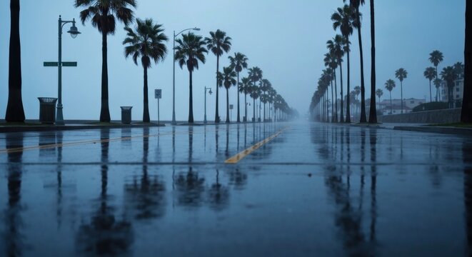 Wet road reflects cloudy sky, lined by distant, numerous palm trees receding into mist