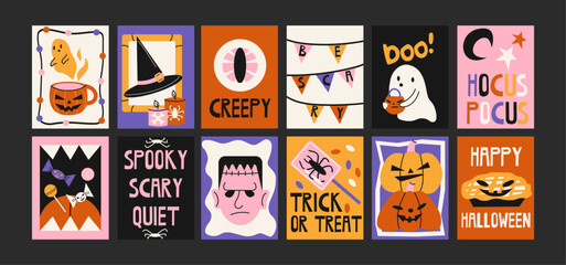 Halloween posters in retro cartoon. Holiday decor: ghosts, pumpkins, witches. Funny characters, banners with spooky text, October celebration. Minimalist wall banners for festive decoration © Limpreom