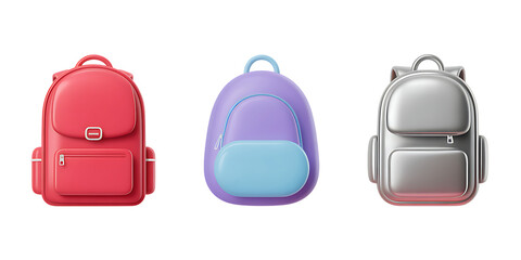 Fototapeta premium Stylized Backpacks in Red, Purple, and Silver – Fashion and Travel Gear PNG