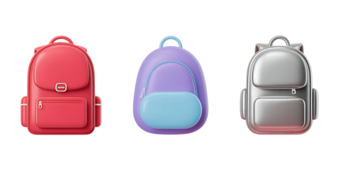 Stylized Backpacks in Red, Purple, and Silver – Fashion and Travel Gear PNG