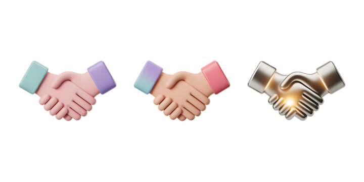 Stylized Handshake Icons in Diverse and Metallic Designs – Unity and Partnership PNG
