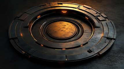 Naklejka premium Futuristic metallic circular device with warm orange glowing accents on a dark textured surface, evoking innovation and advanced technology.