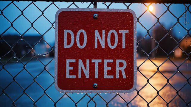 &ldquo;Do Not Enter&rdquo; sign on a chain-link gate at blue hour after rain, reflected in puddle.