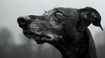 Black and white portrait of alert greyhound dog with distinctive profile showing noble expression and sleek features against blurred background, dramatic lighting.