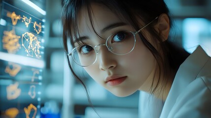 Young Asian woman in glasses looking thoughtful while working late at office, illuminated by blue computer screen glow, professional corporate environment.