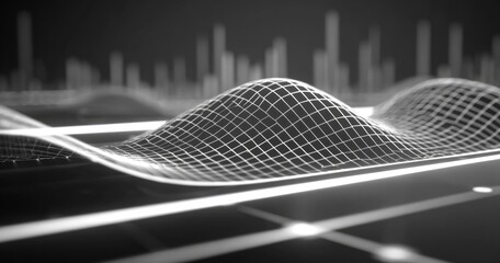 Abstract Digital Wireframe Landscape with Cityscape Background.