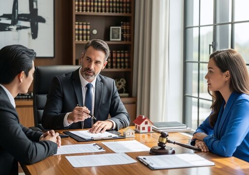 Real estate lawyer consults with clients on property law and legal contracts in a stylish office, offering expert advice and guidance for buying or selling homes