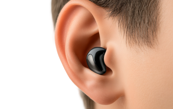 Innovative in-ear device for instant language translation illustrating modern smart technology and global connectivity isolated on transparent background PNG