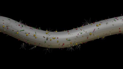 Dental floss extreme magnification close view.
Bacteria on dental floss. 3d render illustration.