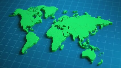3D green world map displayed on a blue grid background, showcasing global landmasses and oceans.