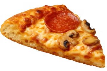 Pizza slice with pepperoni and mushroom topping, cheesy italian fast food, transparent background