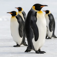 Obraz premium A group of king penguins standing on a snowy surface, showcasing their black and white plumage.