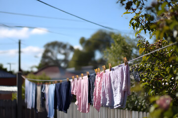 Fresh Laundry Breeze: Clothing hangs on a clothesline in the warm sunlight, each item gently swaying, embodying a sense of simple contentment. 