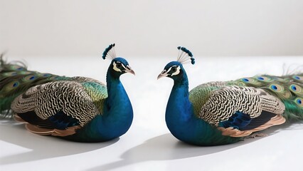 Naklejka premium Two peacocks with vivid and colorful feathers are shown, highlighting their beautiful plumage and elegant appearance.