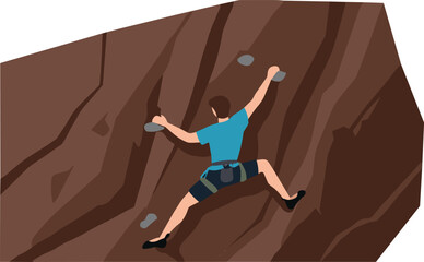 Rock climbing vector illustration, climber on steep rock face, harness and gear, outdoor adventure, athletic motion, extreme sport concept design